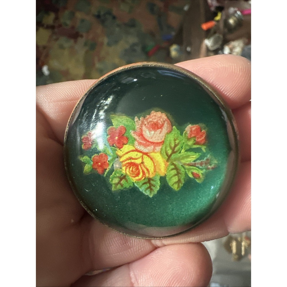 Vintage Hand Painted Floral Glass Brooch Green Domed Rose Pin MCM Antique - Picture 2 of 12